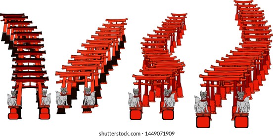 japanese Fox god with Tori gate or Poles.Tori isolate on white background. Fushimi inari Shrine set.Red Torii gates at Fushimi Inari shrine in Kyoto, Japan
