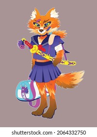 Japanese fox kitsune school girl vector character with sword and Japanese writing on bag meaning sports.