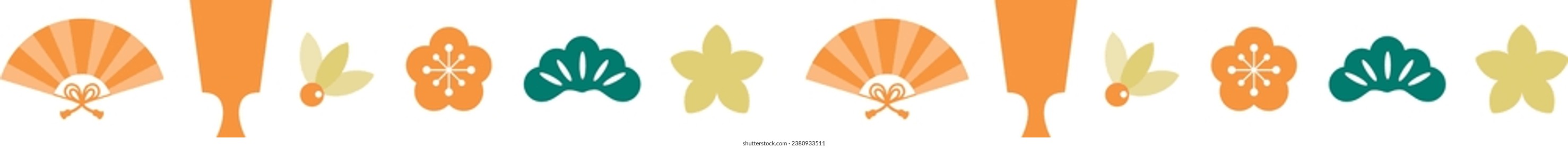Japanese frame border pattern of decorative battledore, fan and flowers. For New Year’s card, vector illustration