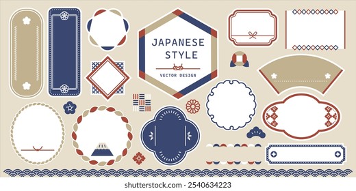 Japanese frame design set ( Vector Modern Retro Japanese Style Japan New Year Japanese Modern Headlines Decoration Title Tradition Fuji Mountain Mizuhiki Flowers Pattern Wave Label Pine Camellia Bambo