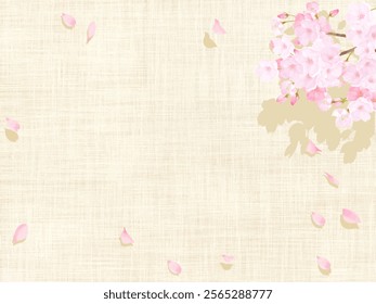 Japanese frame wallpaper background of swaying cherry blossom tree and linen or cotton material tablecloth vector illustration