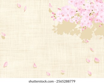 Japanese frame wallpaper background of swaying cherry blossom tree and linen or cotton material tablecloth vector illustration