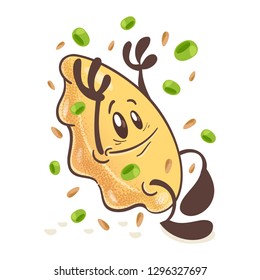 Japanese fried dumplings Gyoza. Fun cartoon character.Surrounded by spices. On white background. Vector