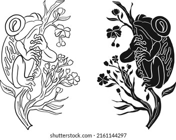 Japanese frog and cherry blossom illustration on white background.