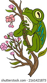 Japanese frog and cherry blossom illustration on white background.