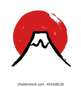 Japanese Fuji mountain with red sun circle in traditional calligraphy style. Vector illustration.
