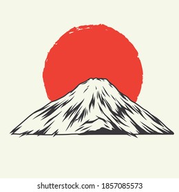 Japanese fujiyama mountain vintage concept with red sun on white background isolated vector illustration