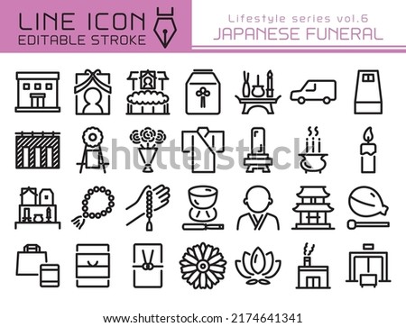 Japanese funeral vector icon set. Editable line stroke.