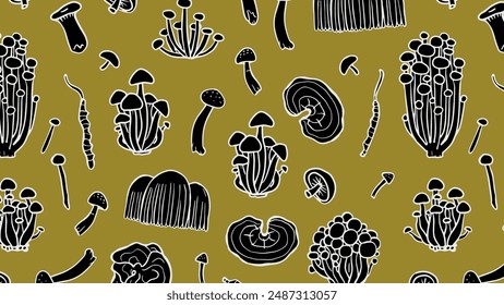 Japanese fungus wallpaper. Asian mushrooms pattern on green background. Hand drawn medicinal mushrooms. Illustration of Shimeji, erinji, shitaki, cordyceps, turkey tail and lions mane. 