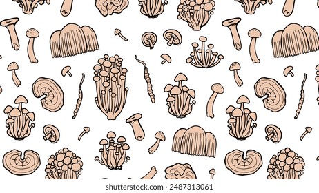 Japanese fungus wallpaper. Asian mushrooms pattern. Hand drawn medicinal mushrooms. Illustration of Shimeji, erinji, shitaki, cordyceps, turkey tail and lions mane.