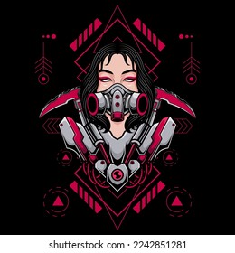 JAPANESE FUTURISTIC CYBER GIRL WEARING GAS MASK LOGO ILLUSTRATION