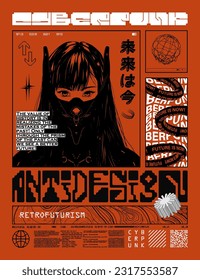 Japanese futuristic poster with an anime girl from the world of cyberpunk. Retrofuturistic anime poster in Y2K style. Manga futuristic poster with Y2K shapes. Translation from Japanese - future is now