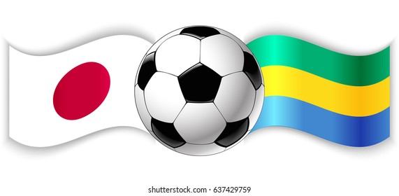 Japanese and Gabonese wavy flags with football ball. Japan combined with Gabon isolated on white. Football match or international sport competition concept.