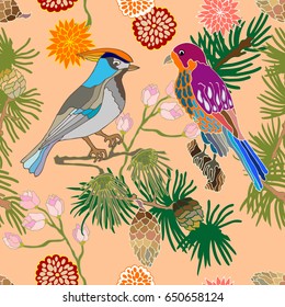 Japanese garden blossom. Seamless oriental pattern with Victorian motifs. Blooming summer flowers, pine branches, cones and birds. Vintage textile collection. Colorful on pink. 