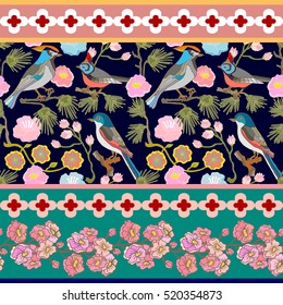 Japanese garden border. Seamless oriental pattern with Victorian motifs. Blooming summer berries, paradise birds and pine branches. Vintage textile collection. Colorful on black. 