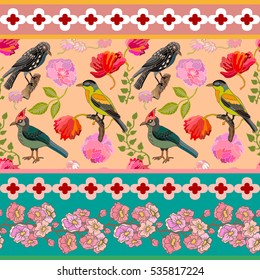 Japanese garden border. Seamless oriental pattern with Victorian motifs. Blooming summer peonies and poppies, paradise birds and nests. Vintage textile collection. Colorful on pink. 
