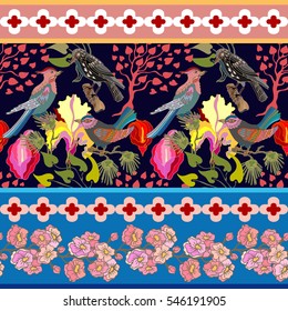 Japanese garden border. Seamless oriental pattern with Victorian motifs. Blooming summer trees, paradise birds and pine branches. Vintage textile collection. Colorful on black. 