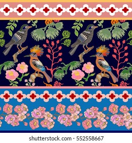 Japanese garden border. Seamless oriental pattern with Victorian motifs. Blooming summer berries, blackbird, hoopoe and pine branches. Vintage textile collection. Colorful on black. 