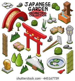 Japanese garden collection, objects for Asian landscape. Isometric vector set
