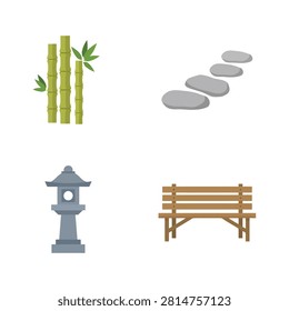 Japanese garden decor set featuring bamboo stalks stone stepping stones lantern and wooden bench isolated on white background for