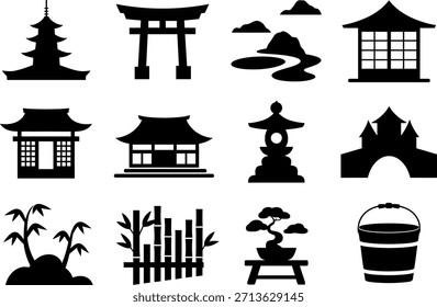 Iconos japoneses del vector de los Elementos de diseño del jardín en estilo minimalista simple