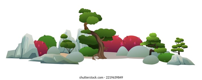 Japanese garden and flower bed with small trees, stones and flowers. Isolated on white background. Illustration vector