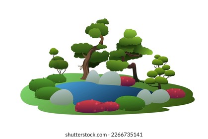 Japanese garden and flower bed with small trees, stones and flowers. With stones and water. Isolated on white background. Illustration vector.