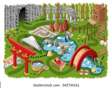 Japanese garden with gate, lanterns, bridge at a pond and Fuji dummy (isometric view)