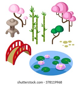 japanese garden isolated  parts/Constructor of the japanese garden. Game design isometric elements/Bamboo, sakura, bridge, garden lantern, and small pond. Japanese isometric elements isolated in white