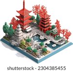 Japanese garden with pagoda in isometric perspective in xovel art, pixeletad, isolated in white, vector illustration, asin, tori, shrine, pagoda, videogameconcept