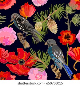 Japanese garden with pines. Seamless oriental pattern with Victorian motifs. Blooming summer poppies, leaves and blackbirds. Vintage textile collection. Colorful on dark blue.