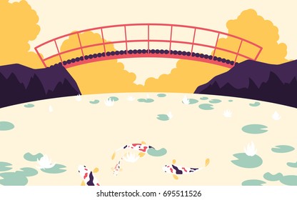 Japanese garden with red bridge across the river with fancy carp and lotus