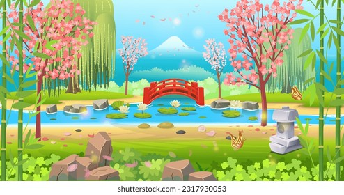  Japanese garden with a river, a lake, a red bridge, cherry blossoms and a stone lantern. Beautiful landscape, scene in cartoon style.