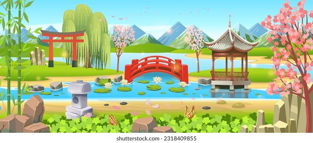   Japanese garden with a river, a lake, a red bridge, arch and pergola, cherry blossoms and a stone lantern. Beautiful landscape, scene in cartoon style.