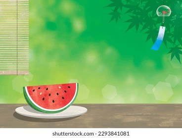 Japanese garden scenery and watermelon in summer