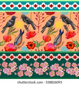 Japanese garden. Seamless oriental border pattern with Victorian motifs. Blooming summer flowers, branches and paradise birds. Vintage textile collection. Colorful on pink. 