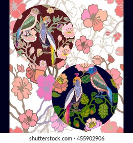 Japanese garden. Seamless oriental pattern with flowers and birds in circles. Vintage textile collection.