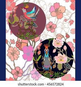 Japanese garden. Seamless oriental pattern with flowers and paradise birds in circles. Vintage textile collection.