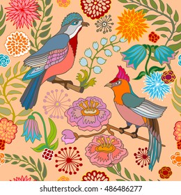 Japanese garden. Seamless oriental pattern with Victorian motifs. Blooming summer flowers and paradise birds. Vintage textile collection. Colorful on pink. 