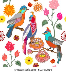Japanese garden. Seamless oriental pattern with fantasy motifs. Blooming summer flowers and paradise birds. Vintage textile collection. Colorful on white. 