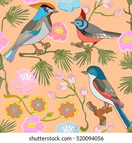 Japanese garden. Seamless oriental pattern with Victorian motifs. Blooming summer flowers? pine branches and paradise birds. Vintage textile collection. Colorful on pink. 