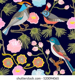 Japanese garden. Seamless oriental pattern with Victorian motifs. Blooming summer flowers? pine branches and paradise birds. Vintage textile collection. Colorful on dark blue. 
