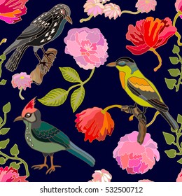 Japanese garden. Seamless oriental pattern with Victorian motifs. Blooming summer poppies and peonies, leaves and birds. Vintage textile collection. Colorful on dark blue. 