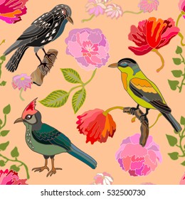 Japanese garden. Seamless oriental pattern with Victorian motifs. Blooming summer poppies and peonies, leaves and birds. Vintage textile collection. Colorful on pink. 