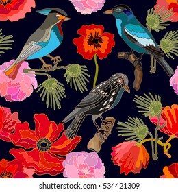 Japanese garden. Seamless oriental pattern with Victorian motifs. Blooming peonies and poppies, pine branches and paradise birds. Vintage textile collection. Colorful on dark blue. 