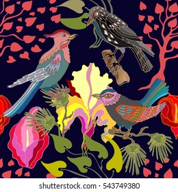 Jardín japonés. Patrón oriental sin fisuras con motivos victorianos. Árboles florecientes, ramas de pino y pájaros del paraíso. colección textil Antiguas. Colorido sobre azul oscuro. 