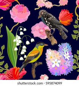  Jardín japonés. Patrón oriental impecable con motivos victorianos. Lílago floreciente, peonías y amapolas, y pájaros fantasmas. Colección textil de época. Colorido en azul oscuro. 