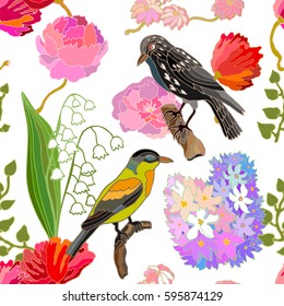 Japanese garden. Seamless oriental pattern with Victorian motifs. Blooming lilac, peonies and poppies, and fantasy birds. Vintage textile collection. Colorful on white. 