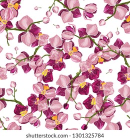 Japanese garden seamless pattern spring Asia flowers. Hand-drawn floral vector illustration 