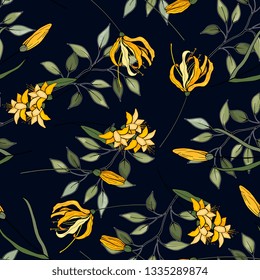 Japanese garden seamless pattern spring Asia flowers. Hand drawn floral vector illustration